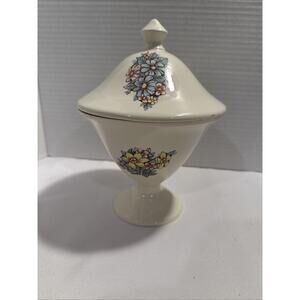 Vintage Glass Candy Dish & Lid Cream Color w/ Dainty Pastel Floral Design